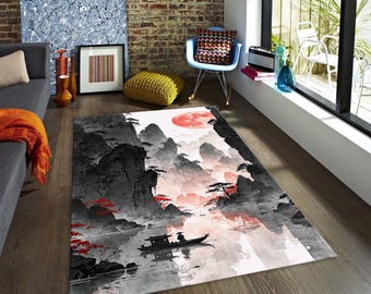 Japanese Ink Painting Rug, Asian Art Home Decor, Samurai Boat River Scene Floor Rug Red Moon Oriental Landscape Rug,Living Room Rug,Area Rug