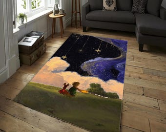 Fantasy Sternennacht Teppich - Verträumter Märchenbuch Illustration Teppich mit Kind und Fuchs beobachten goldene Sterne, wunderlicher Himmel und kosmischer Kunstteppich