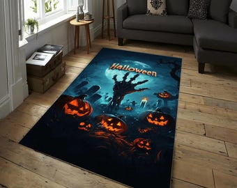 Halloween Zombie Handteppich, Gruseliger Friedhof Kürbisteppich, Gothic Spukhaus Bereich Teppich, Gruselige Halloween Bodenmatte Dekor, Kürbisteppich