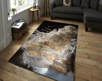 Majestätischer Schlossteppich in Weiß und Gold – Fantasie Himmlischer Palast Teppich mit Wolken und Lichtern für Wohnzimmer, Schlafzimmer, Esszimmerteppich