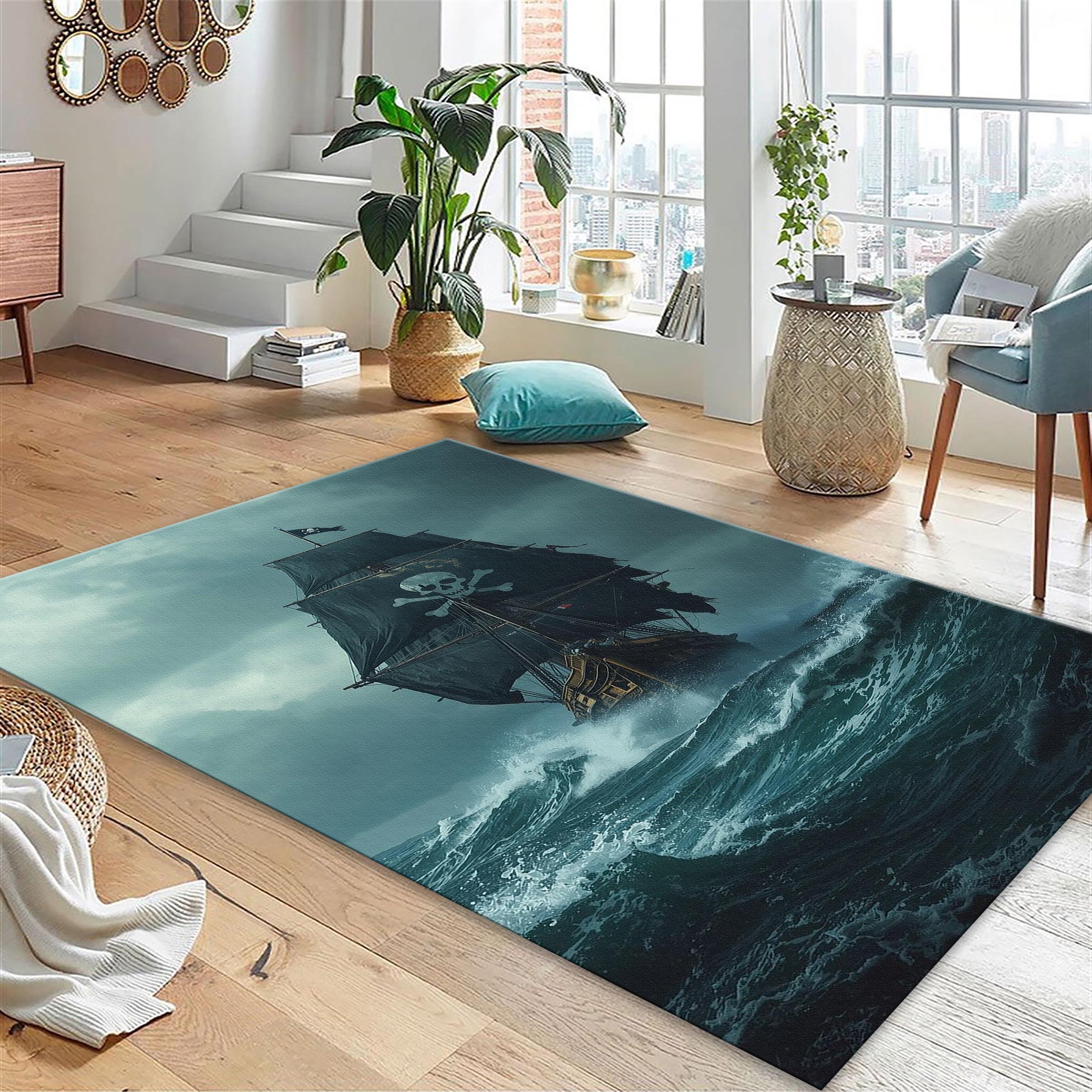Pirate Rug Texture Dark Pirate Ship Rug: Big Wave Themed & Fantasy Ocean Scene, Gothic ...