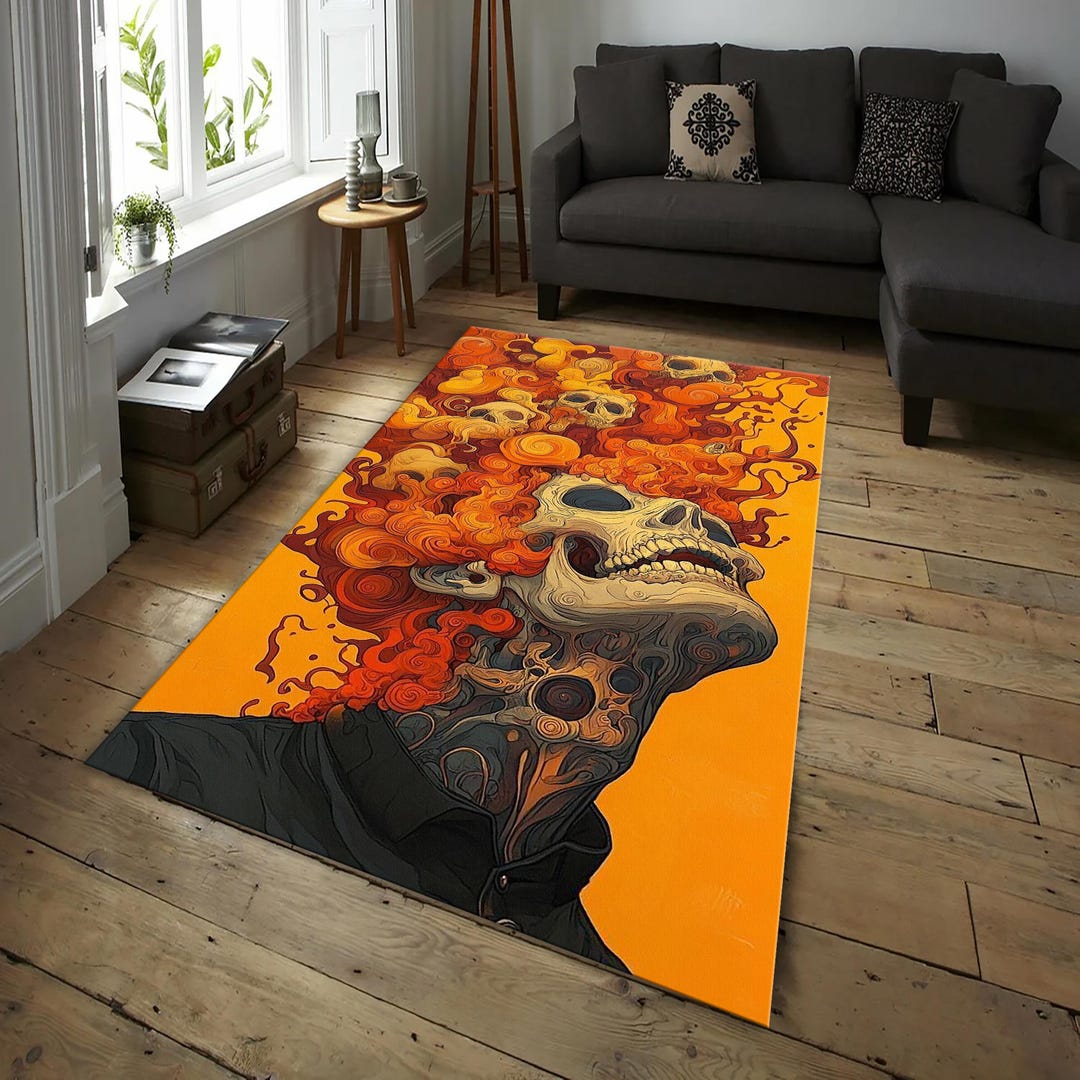Trippy Rug Psychedelic Skull Rug – Trippy Flame Hair Skeleton Art Carpet, Gothic ...