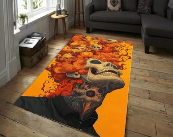 Psychedelischer Schädel Teppich - Trippy Flame Haar Skelett Kunst Teppich, Gothic Wohnkultur, Schädel Teppich, Wohnzimmer Teppich, Spielzimmer Teppich