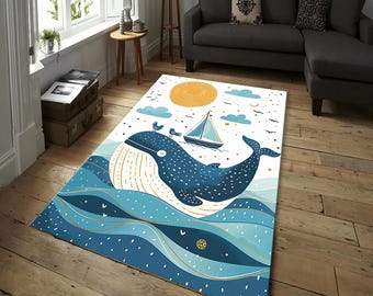Whale Adventure Rug – Cute Ocean-Themed Kids Rug with Blue Waves, Sunny Sky & Playful Nautical Elements for Nursery Decor, Ocean Animal Rug