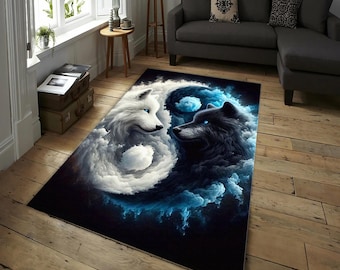 Yin Yang Wolf Teppich - Schwarz-Weißer Wolf Teppich mit Blauen Augen, Ausgewogenheit und Harmonie für Wohnzimmer, Schlafzimmer, Büro