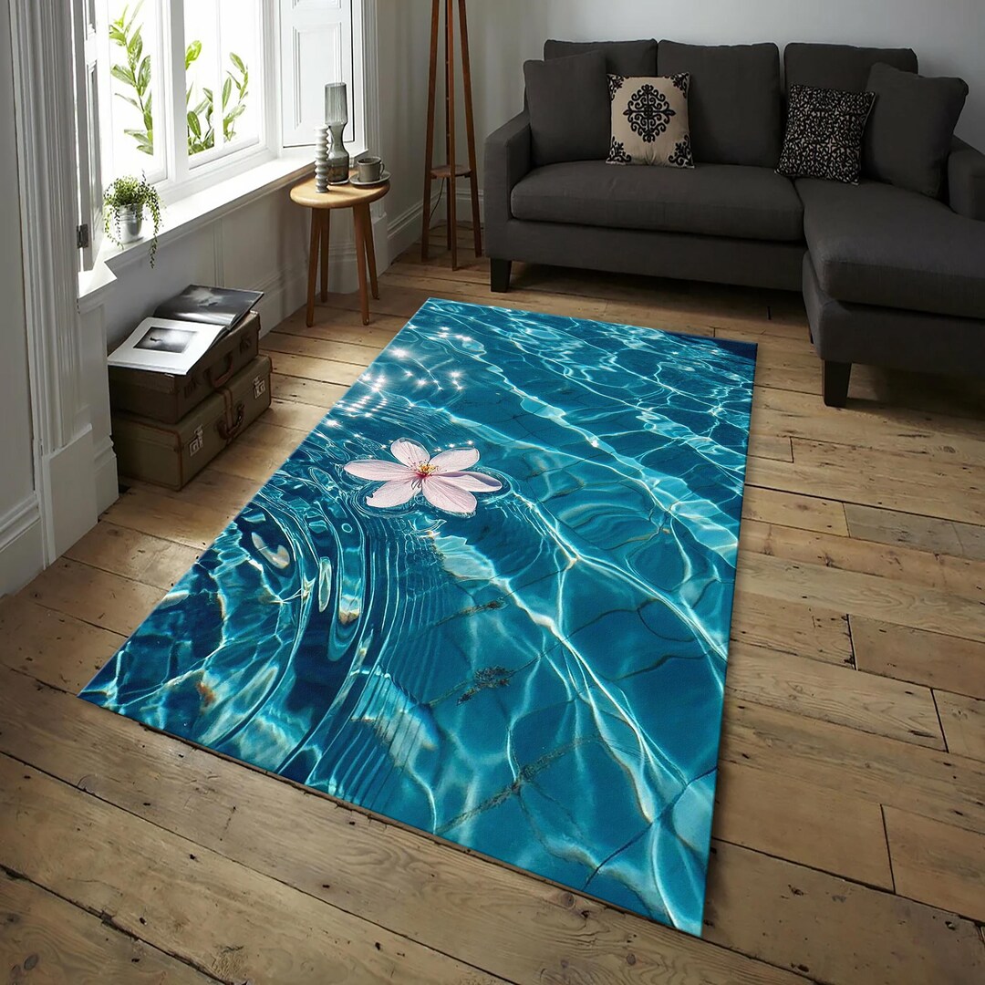 Blue Ocean Rug, Pastel Pink Flower Carpet, Coastal Nautical Area Rug ...