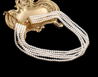 Pearl Five-Strand Choker: Dressy Pearl Necklace 14K Gold Clasp, Victorian Pearl Necklace Bridal Jewelry