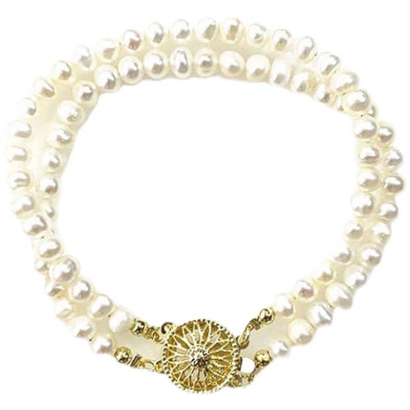 ダブルストランドパールブレスレット：ゴールドクラスプ、クリスタル