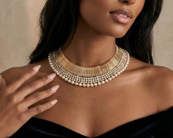 Pearl Crystal Choker: 14K Gold Plated Bridal Necklace, Vintage Choker, Wedding Necklaces