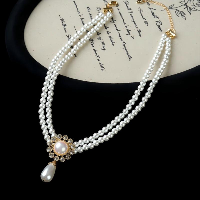 Women's Long Double Strand Faux Pearl Necklace With White Tone Flower
