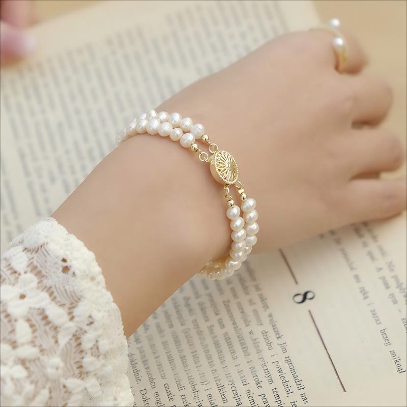 ダブルストランドパールブレスレット：ゴールドクラスプ、クリスタル