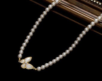 Barokke parelketting: cat's eye-vlinder, 14 kt verguld