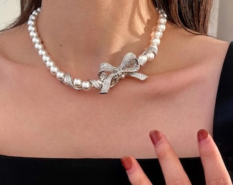 French Bow Pearl Necklace, Pearl Diamond Choker: Crystal Centerpiece, Pearl Necklace, Wedding Gift