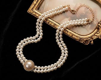 Conjunto vintage de gargantilla de perlas de doble capa y pendientes de botón, joyería de noche, collar de novia, regalo de boda
