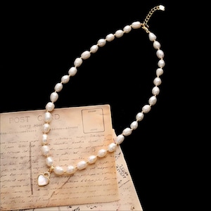 Baroque Pearl Necklace: Mother-of-Pearl Heart Pendant, Gold-Plated
