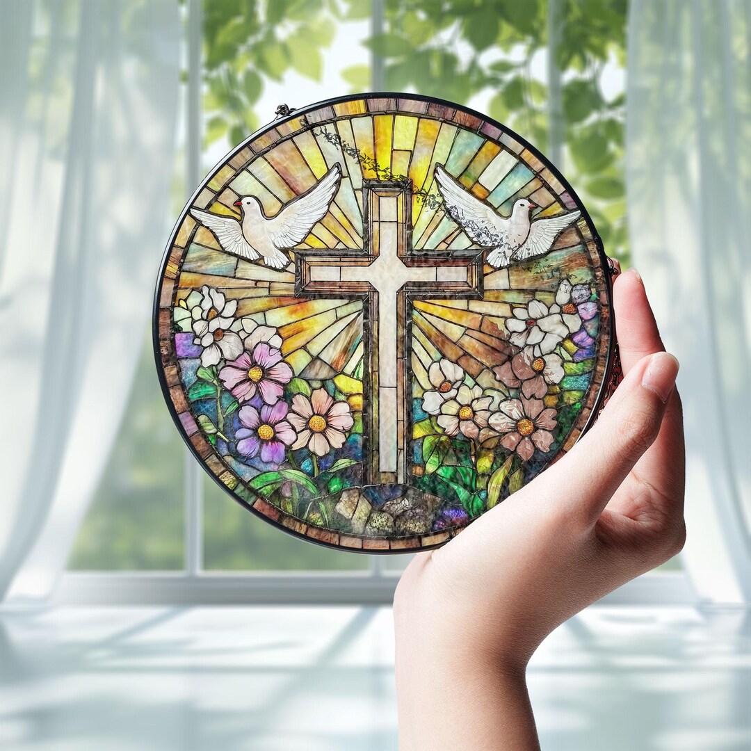 Stained Glass Cross and Doves Suncatcher, Christian Window Hanging ...