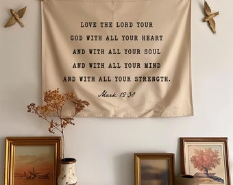 Christian Linen Tapestry Wall Hanging, Mark 12:30 Bible Verse “Love the Lord Your God” Scripture Banner, Inspirational Faith Home Decor Gift