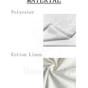 May include: The word "MATERIAL" is displayed at the top of the image. Below, the image shows two fabric samples. The top sample is labeled "Polyester" and the bottom sample is labeled "Cotton Linen". Both samples are white.
