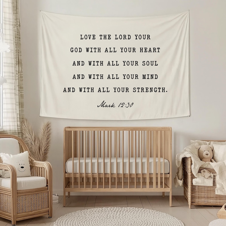 Christian Linen Tapestry Wall Hanging, Mark 12:30 Bible Verse “love the ...