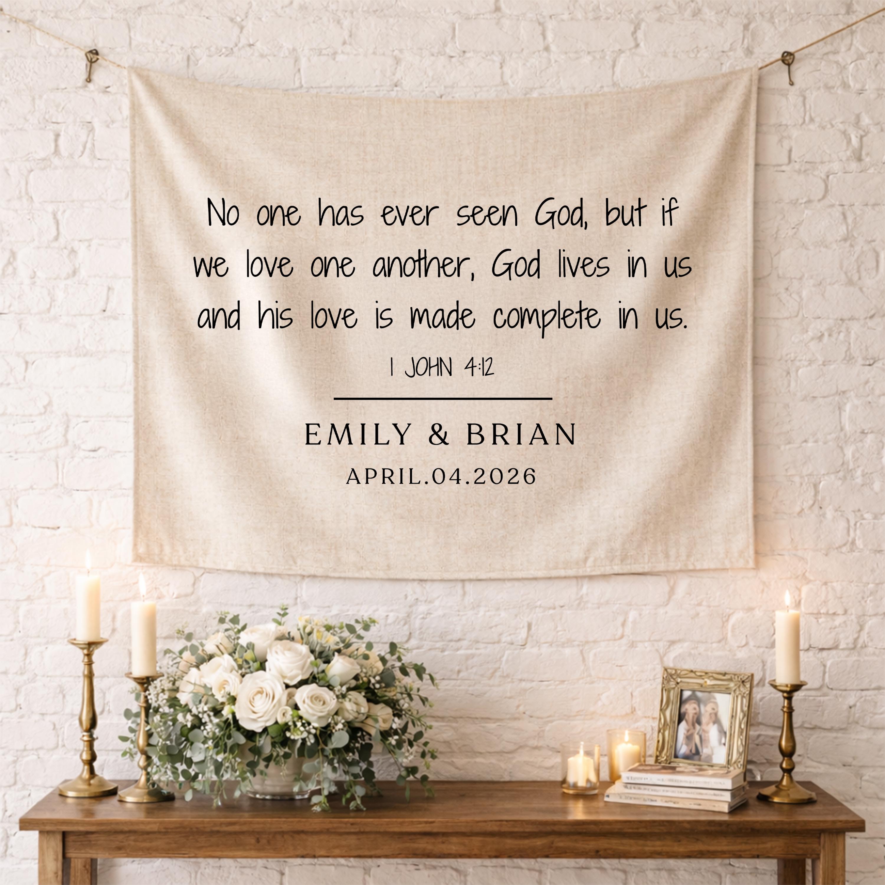Personalized Linen Bible Verse Wedding Banner, 1 John 4:12 Scripture ...