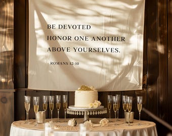 Christian Wedding Banner, Romans 12:10 Bible Verse Backdrop, “Be Devoted Honor One Another” Scripture Sign, Religious Wedding Ceremony Decor
