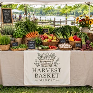 May include: A market stall table covered with a beige cloth featuring a Harvest Basket Market logo. The table displays various fresh produce in woven baskets, including carrots, apples, greens, garlic, and beets, with small chalkboard signs labeling items.