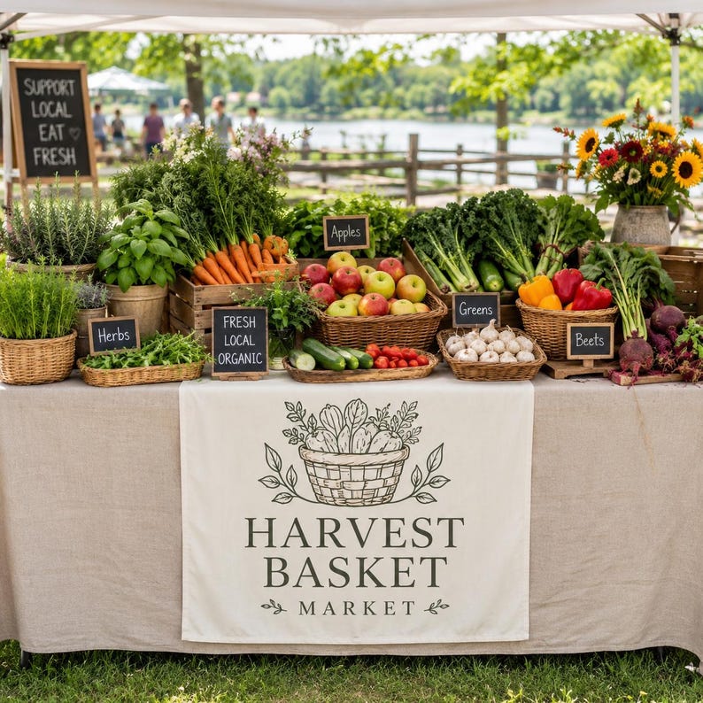 May include: A market stall table covered with a beige cloth featuring a Harvest Basket Market logo. The table displays various fresh produce in woven baskets, including carrots, apples, greens, garlic, and beets, with small chalkboard signs labeling items.