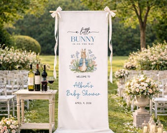 Bunny Baby Shower Banner, Personalized Peter Rabbit Inspired Welcome Sign, Woodland Baby Shower Decor, Little Bunny Baby Banner