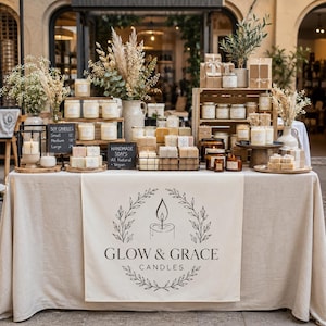 May include: A market stall display featuring Glow & Grace Candles with various soy candles in glass jars, bar soaps, and dried floral arrangements. The table is covered with a beige linen cloth, and small black chalkboards list product details.