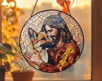 Custom Jesus Christ Hugging Black and Tan Gordon Setter Dog