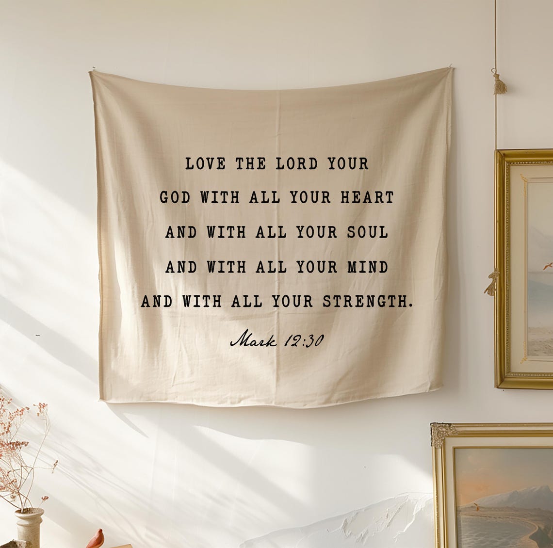Christian Linen Tapestry Wall Hanging, Mark 12:30 Bible Verse “love the ...