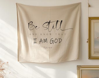 Tapiz cristiano de pared, "Estad quietos y sabed que yo soy Dios" Salmo 46:10, pancarta con versículo bíblico inspirador, decoración para el hogar con temática de fe.