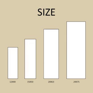 Puede incluir: Imagen que muestra la palabra "SIZE" sobre cuatro rect&aacute;ngulos blancos de diferentes tama&ntilde;os. Las dimensiones se enumeran debajo de cada rect&aacute;ngulo: 12x40, 15x50, 20x63 y 24x75 pulgadas (aprox. 30x102, 38x127, 51x160 y 61x191 cm). Fondo beige.
