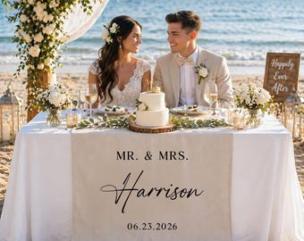 Mr and Mrs Wedding Table Runner Personalized Last Name Banner Elegant Script Wedding Sign Couple Names Date Sweetheart Table Decor
