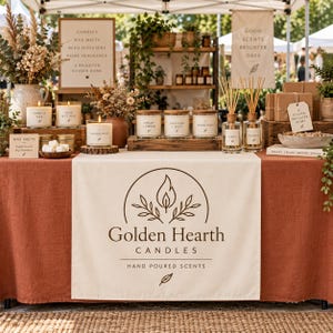 May include: A market stall display featuring Golden Hearth Candles with various scented candles in glass jars, reed diffusers, and wax melts. The table is covered with a rust-colored cloth and a white runner displaying the brand logo and text.