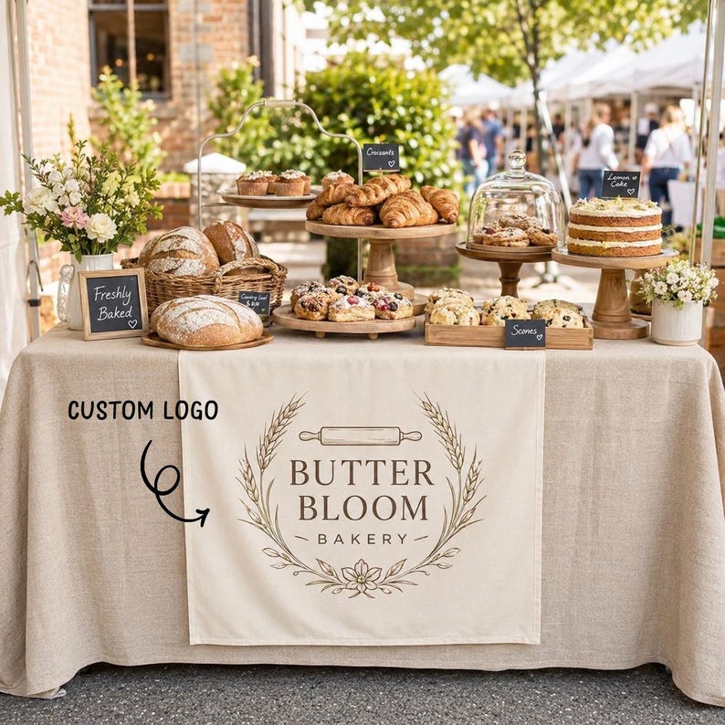 May include: A beige linen table runner featuring a custom logo with the text BUTTER BLOOM BAKERY, a rolling pin, and wheat stalks. The table is filled with assorted baked goods including loaves of bread, croissants, scones, and a layered cake.