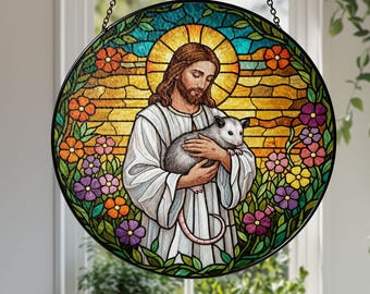 Jesus Hugging Possum Glass Suncatcher Decor, Christian Home Decor, Funny Decor, Christian Gift, Possum Decor, Funny Animal Gift, Xmas Gift