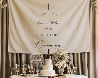 First Holy Communion Banner, God Bless Communion Backdrop, Religious Communion Party Decoration