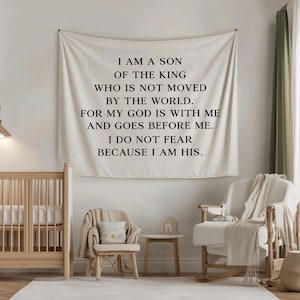 I Am A Son of the King Nursery Linen Banner, Christian Boy Nursery Decor, Bible Verse Banner, Christian Tapestry, Kid&#39;s Room Scripture Flag