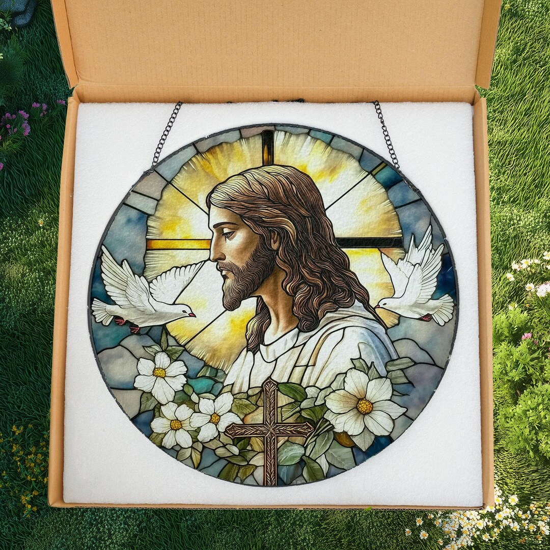 Jesus Stained Glass Suncatcher With Doves and Cross, Christian Window ...