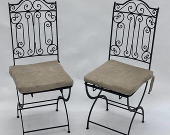 Marokkaanse smeedijzeren stoel opvouwbaar met kussen – Handgemaakte terrastuinmeubels – Boho ijzeren fauteuil