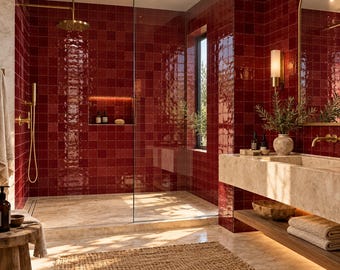 May include: A bathroom interior featuring deep red glossy square wall tiles, a glass-enclosed walk-in shower with gold fixtures, a beige stone vanity with a wall-mounted faucet, a wooden stool, a woven rug, and stacked beige towels.