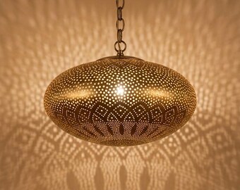 Handmade Moroccan Brass Pendant Light, Etched Pattern Hanging Lamp