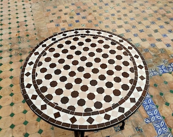 Mesa de mosaico zellige marroquí, mueble de exterior redondo hecho a mano