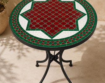 Mesa auxiliar marroquí de mosaico hecha a mano / Mesa redonda de patio con zellige / Mesa de bistró para exteriores / Mesa auxiliar de jardín de hierro / Muebles de azulejos marroquíes