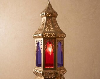 Lámpara colgante marroquí de latón – Lámpara de techo con diseño tallado a mano, farol colgante de estilo bohemio