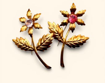 Antique Victorian Gilt Brass Floral Brooch Pair