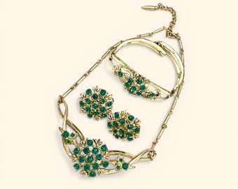 Vintage Coro Emerald Rhinestone Necklace, Bracelet & Earrings Set