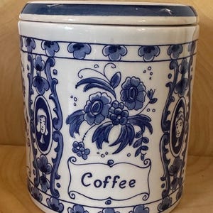 Vintage Delft Blue ceramic jar with lid, COFFEE  Holland Floral Hand Painted.