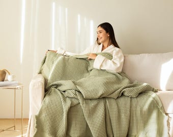Turkish Cotton Waffle Throw Blanket - Soft Neutral Bedspread - Farmhouse Sofa Throw Oversized - Queen King Size